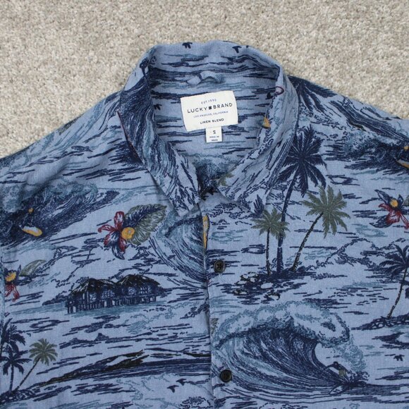 Lucky Brand AOP Camp Shirt Mens Small Blue Linen/Viscose Blend S/S Loop Collar - Picture 5 of 13